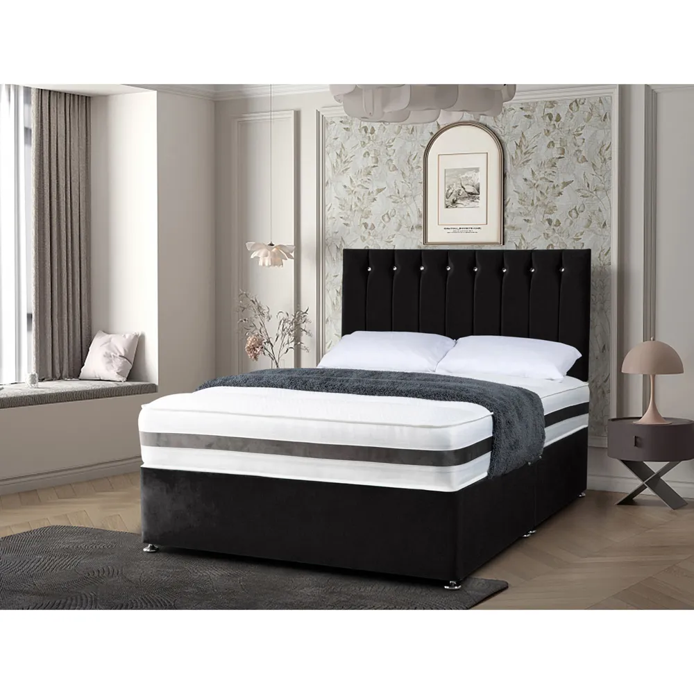 Cocoon Super King Size Divan Bed with Headboard - Black, Velvet