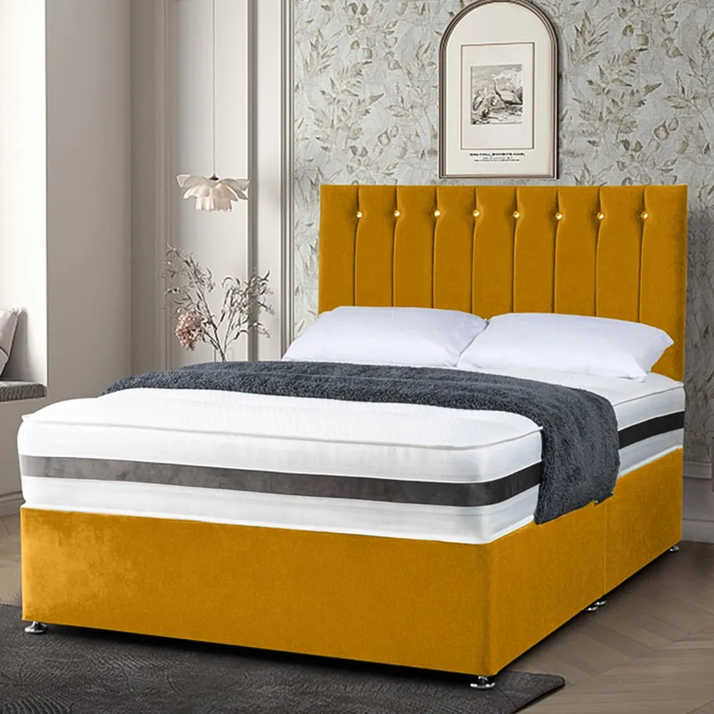 Cocoon Super King Size Divan Bed with Headboard - Mustard, Velvet