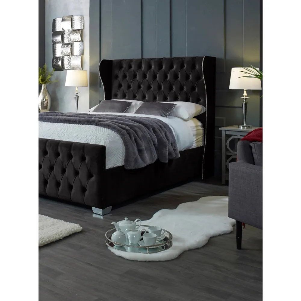 Colleen Double Bed Frame with Chesterfield Headboard - Black, Velvet