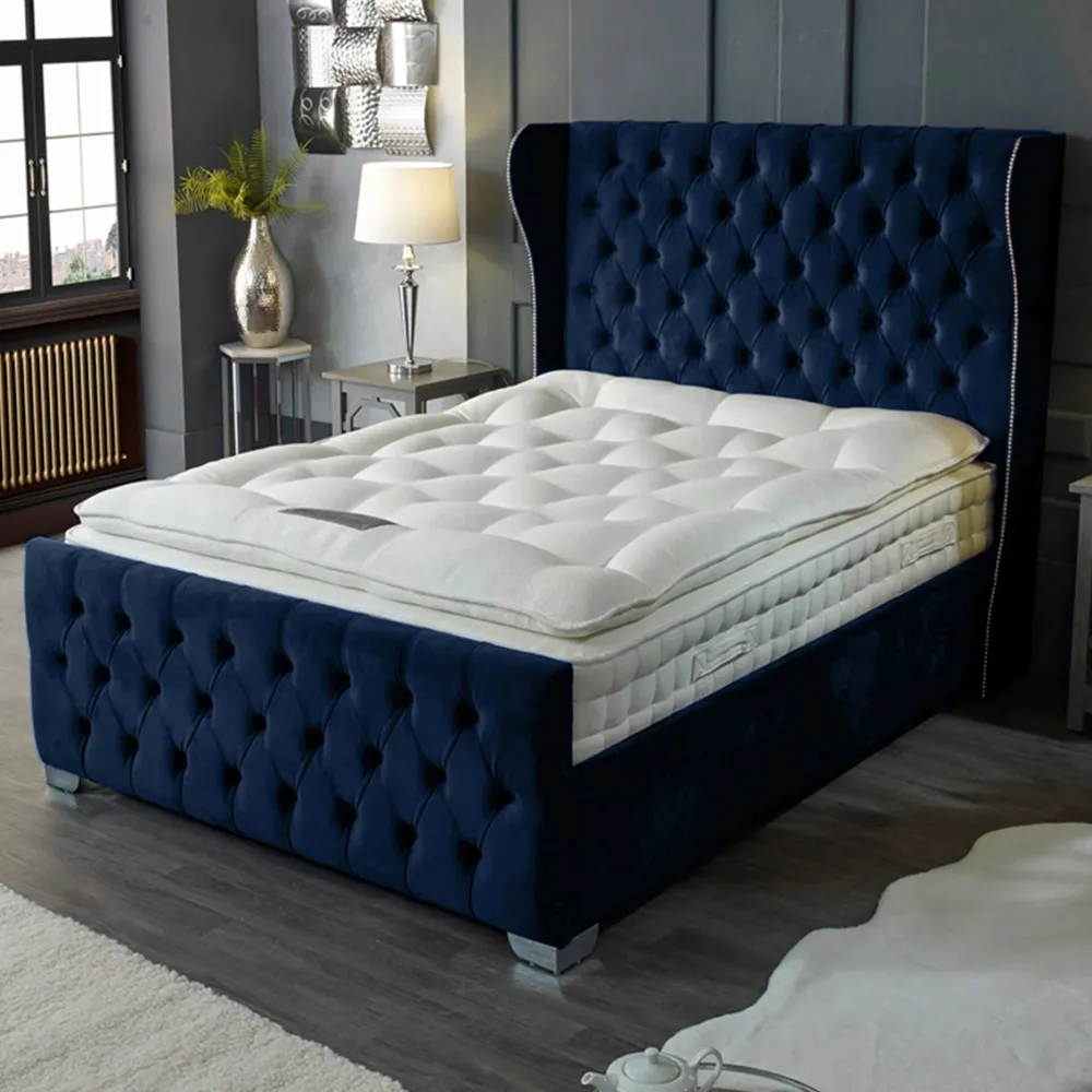 Colleen Double Bed Frame with Chesterfield Headboard - Blue, Velvet