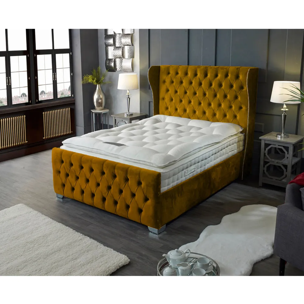 Colleen Double Bed Frame with Chesterfield Headboard - Orange, Velvet