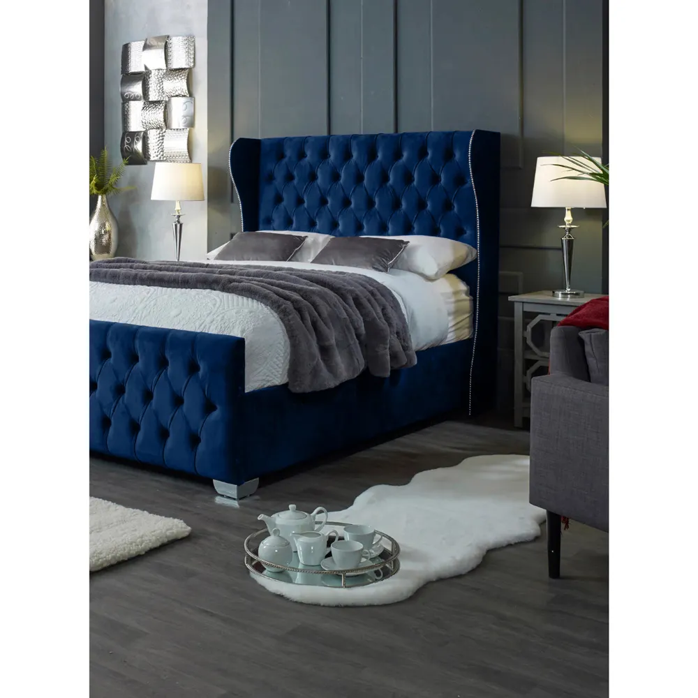 Colleen King Size Bed Frame with Chesterfield Headboard - Blue, Velvet