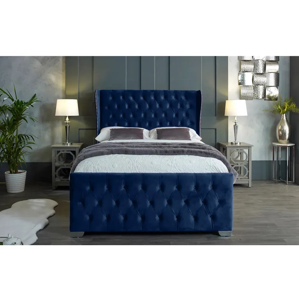Colleen King Size Bed Frame with Chesterfield Headboard - Blue, Velvet