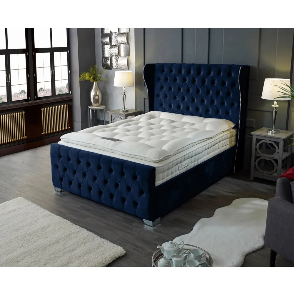Colleen King Size Bed Frame with Chesterfield Headboard - Blue, Velvet