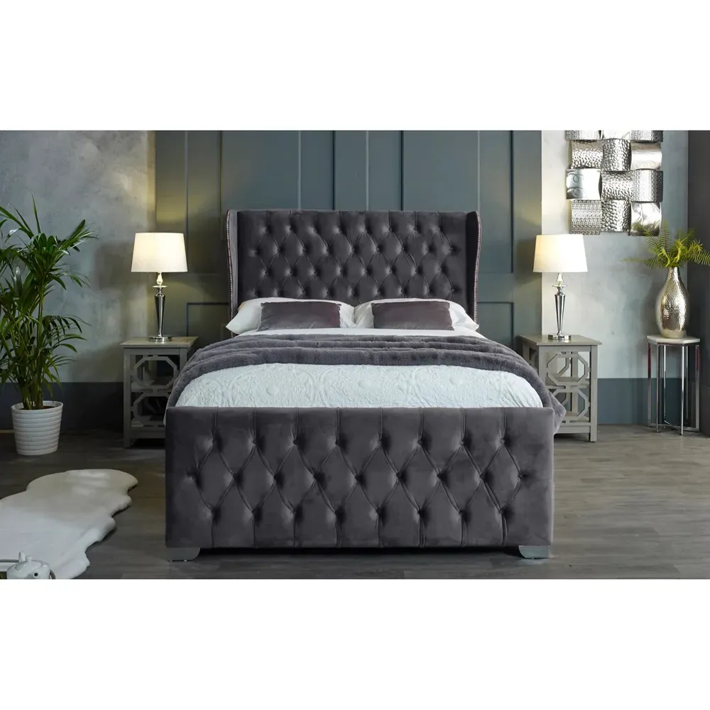 Colleen King Size Bed Frame with Chesterfield Headboard - Grey, Velvet