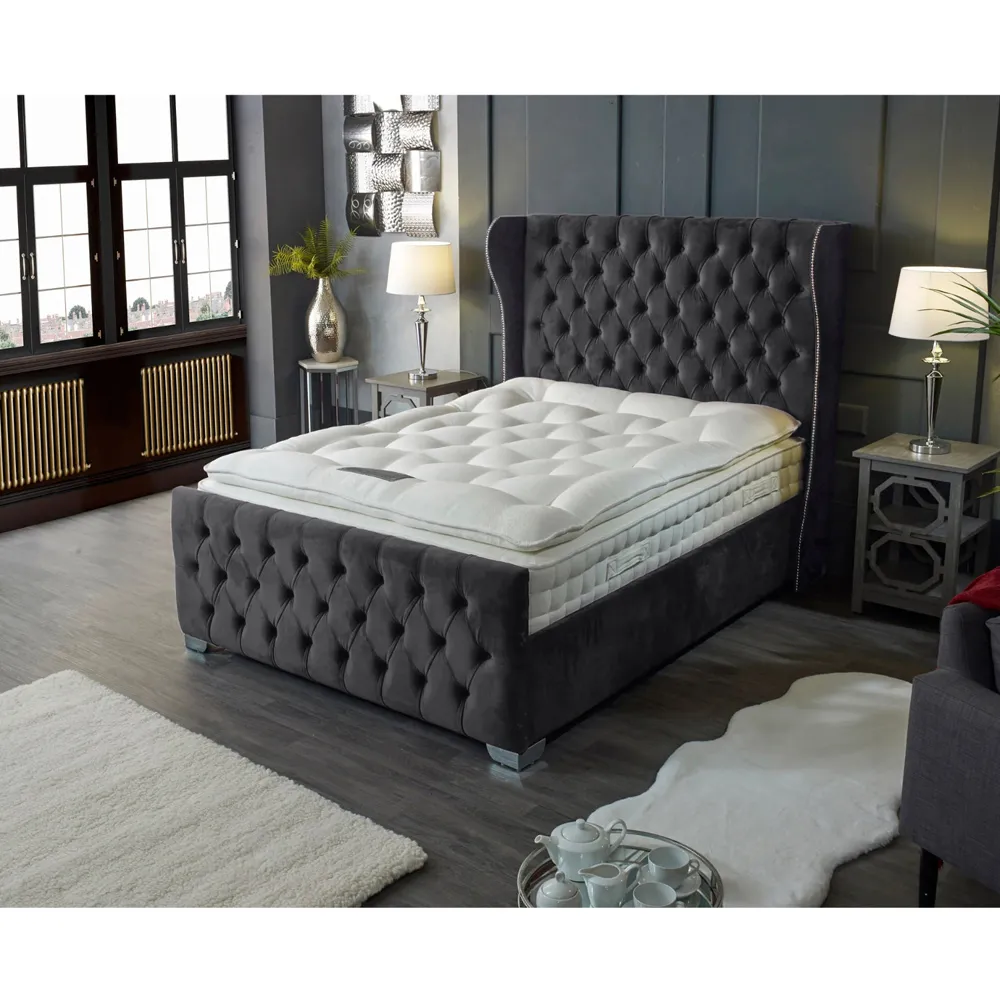 Colleen King Size Bed Frame with Chesterfield Headboard - Grey, Velvet