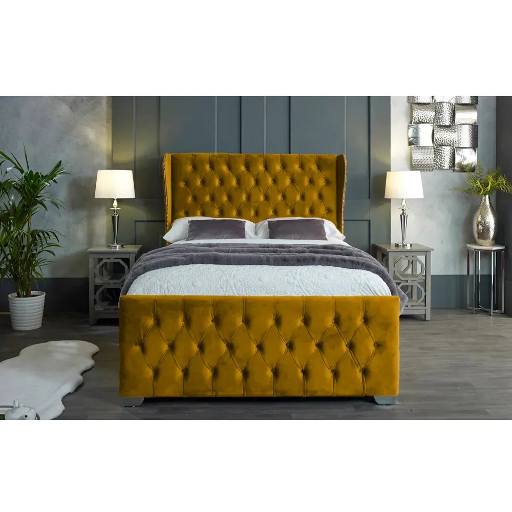 Colleen King Size Bed Frame with Chesterfield Headboard - Mustard, Velvet