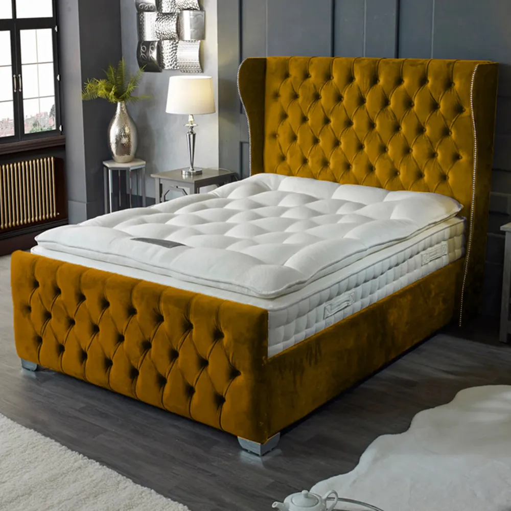 Colleen King Size Bed Frame with Chesterfield Headboard - Mustard, Velvet