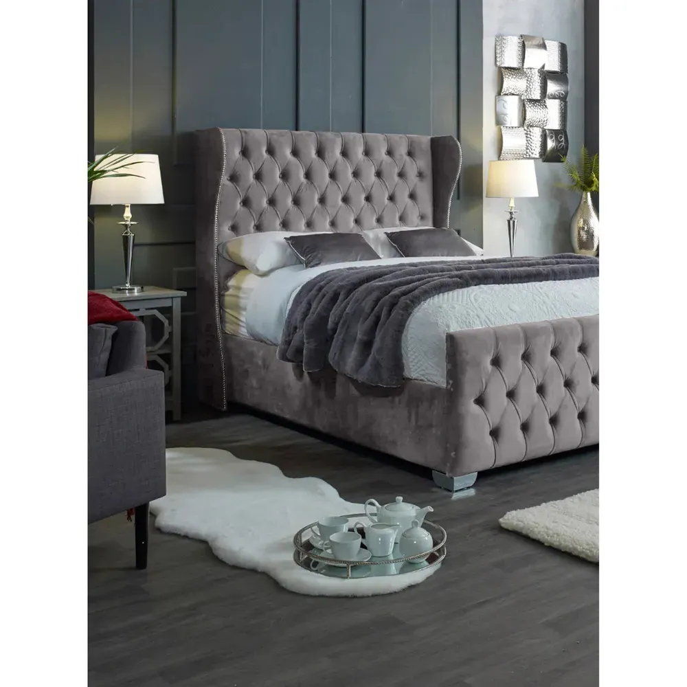 Colleen King Size Bed Frame with Chesterfield Headboard - Silver, Velvet