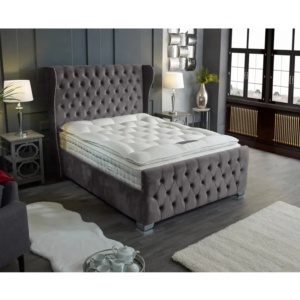 Colleen King Size Bed Frame with Chesterfield Headboard - Silver, Velvet
