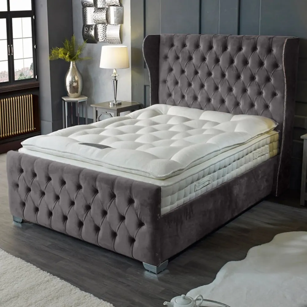 Colleen King Size Bed Frame with Chesterfield Headboard - Silver, Velvet