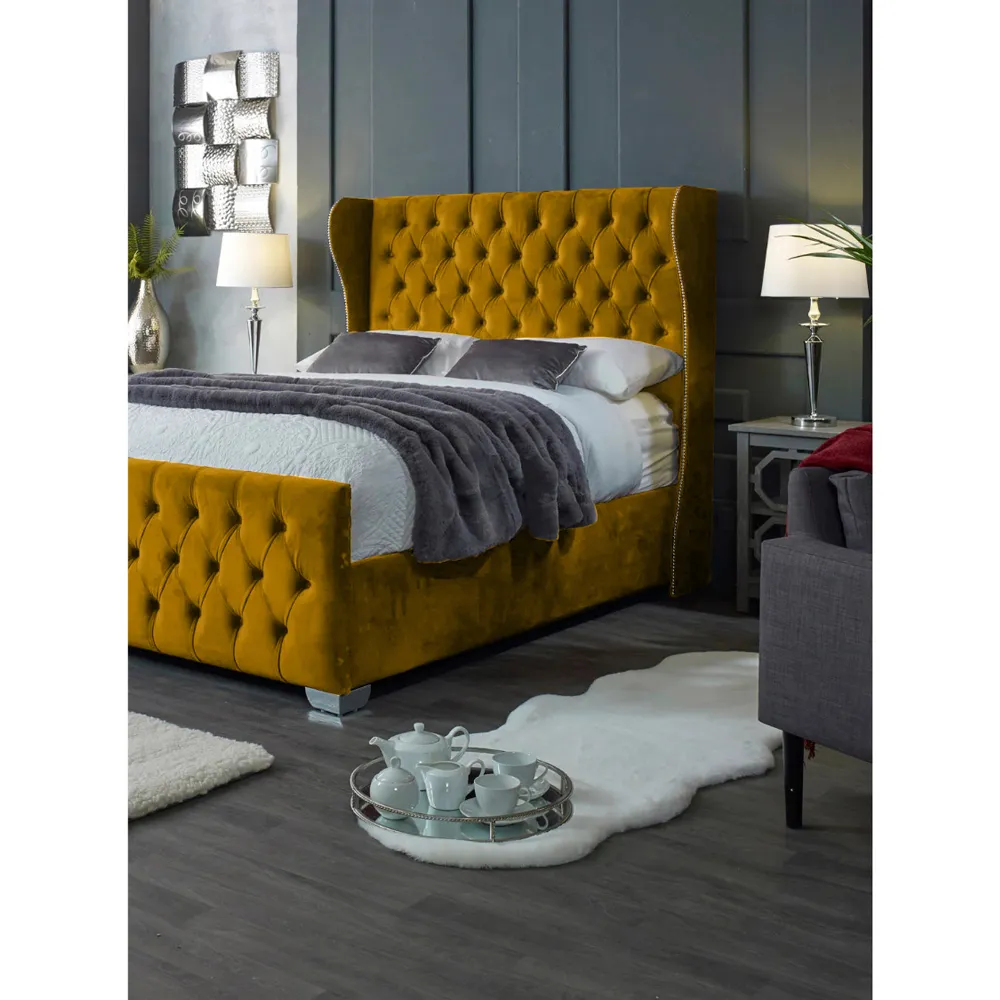 Colleen Super King Bed Frame with Chesterfield Headboard - Mustard, Velvet