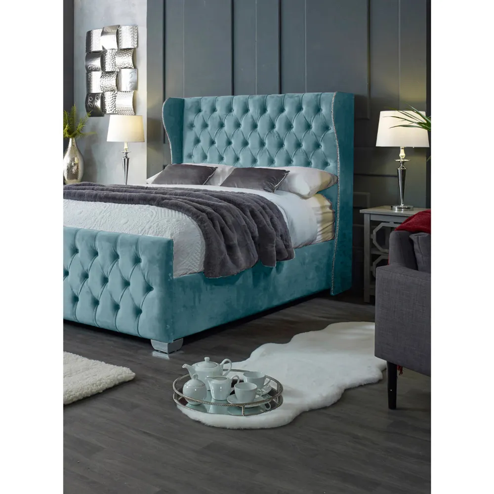 Colleen Super King Size Bed Frame with Chesterfield Headboard - Blue, Velvet