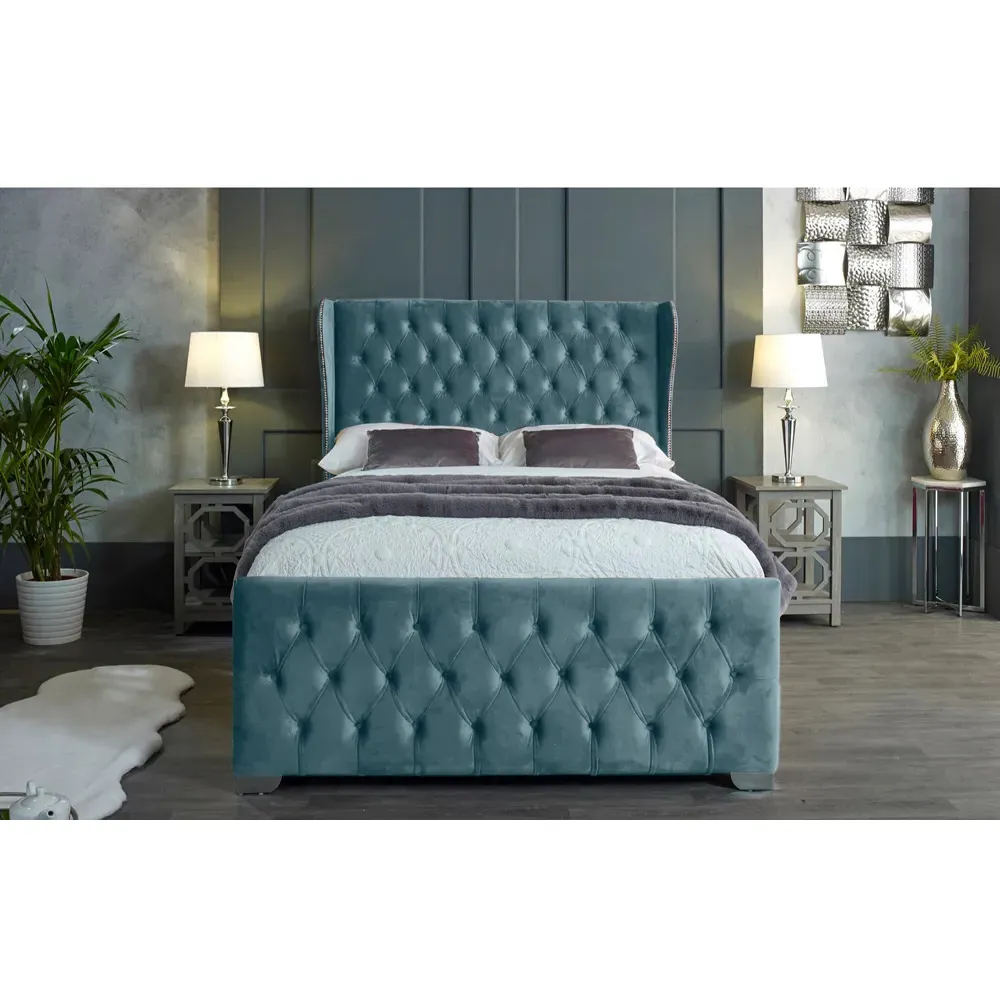 Colleen Super King Size Bed Frame with Chesterfield Headboard - Blue, Velvet