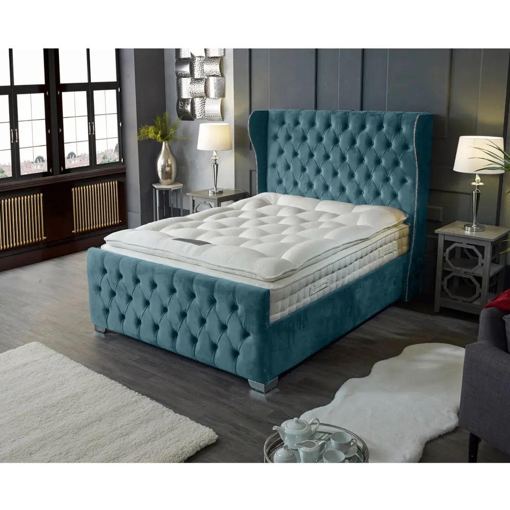 Colleen Super King Size Bed Frame with Chesterfield Headboard - Blue, Velvet