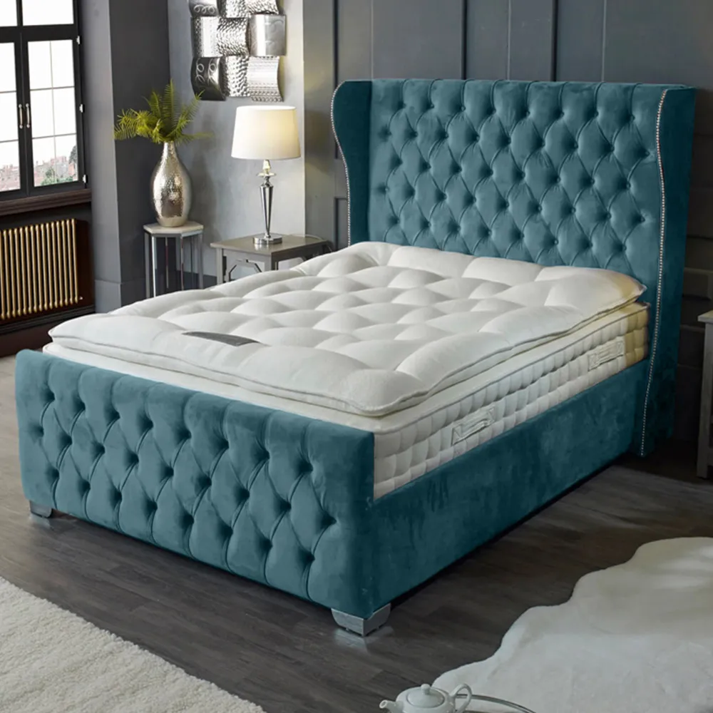 Colleen Super King Size Bed Frame with Chesterfield Headboard - Blue, Velvet