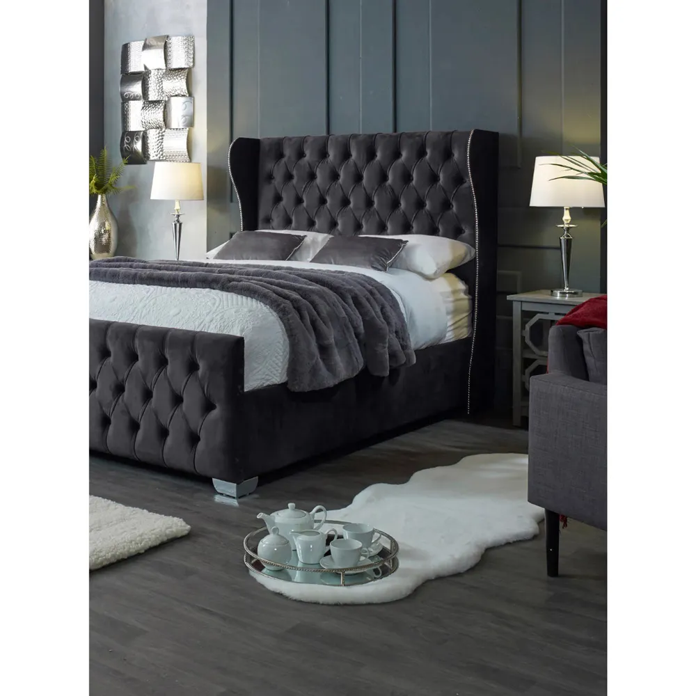 Colleen Super King Size Bed Frame with Chesterfield Headboard - Grey, Velvet