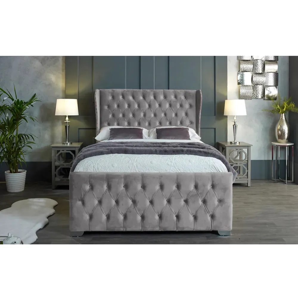 Colleen Super King Size Bed Frame with Chesterfield Headboard - Silver, Velvet