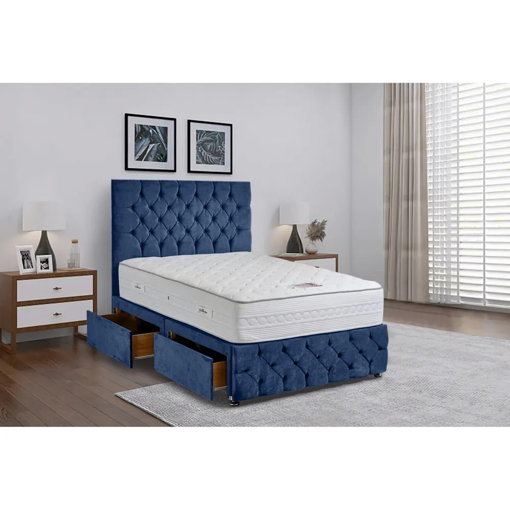 Comfyzone Double Divan Bed with Chesterfield Headboard - Blue, Velvet
