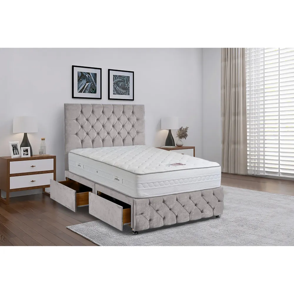 Comfyzone Double Divan Bed with Chesterfield Headboard - Silver, Velvet