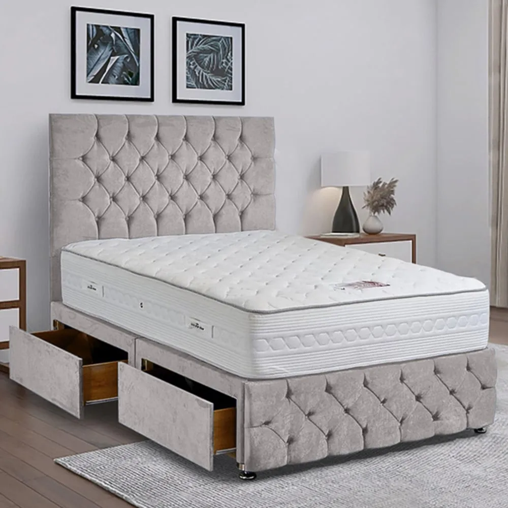 Comfyzone Double Divan Bed with Chesterfield Headboard - Silver, Velvet