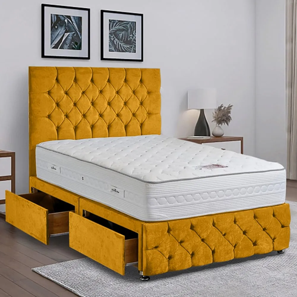 Comfyzone Double Divan Bed with Chesterfield Headboard - Yellow, Velvet