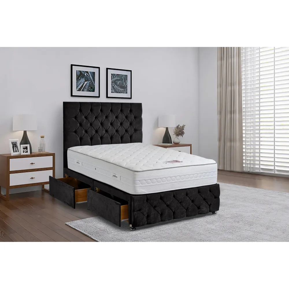 Comfyzone King Divan Bed with Chesterfield Headboard - Black, Velvet