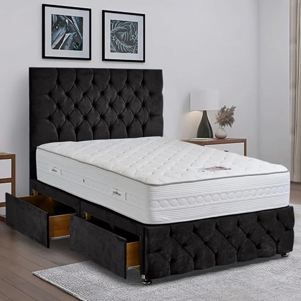 Comfyzone King Divan Bed with Chesterfield Headboard - Black, Velvet
