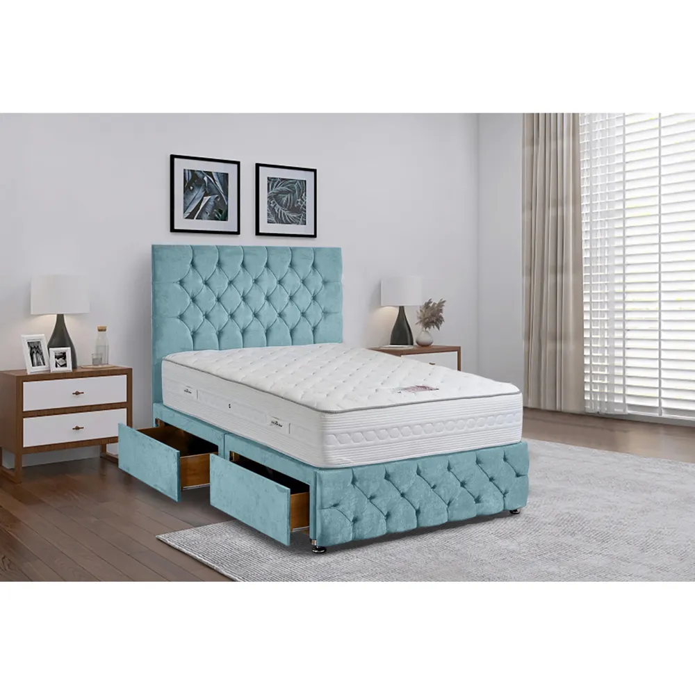 Comfyzone King Size Divan Bed with Chesterfield Headboard - Blue, Velvet