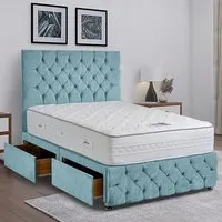 Comfyzone King Size Divan Bed with Chesterfield Headboard - Blue, Velvet