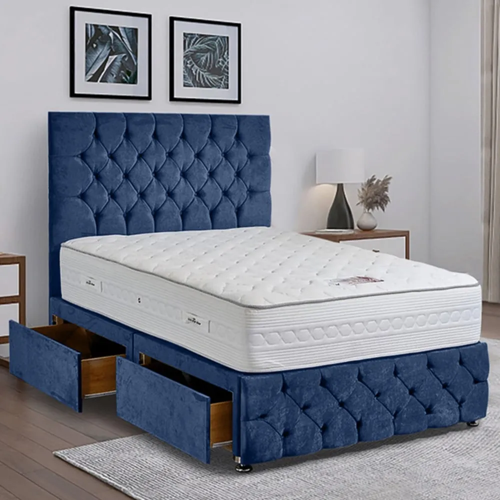 Comfyzone King Size Divan Bed with Chesterfield Headboard - Blue, Velvet