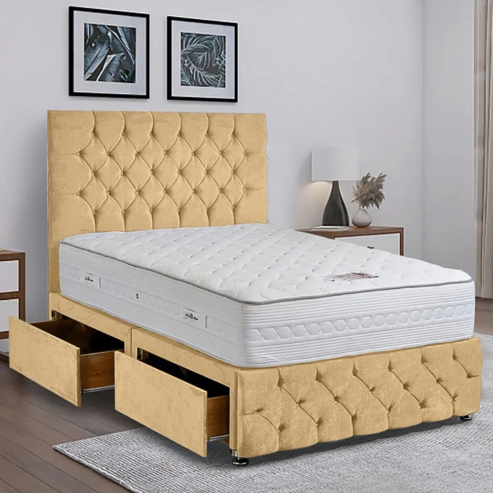 Comfyzone King Size Divan Bed with Chesterfield Headboard - Cream, Velvet