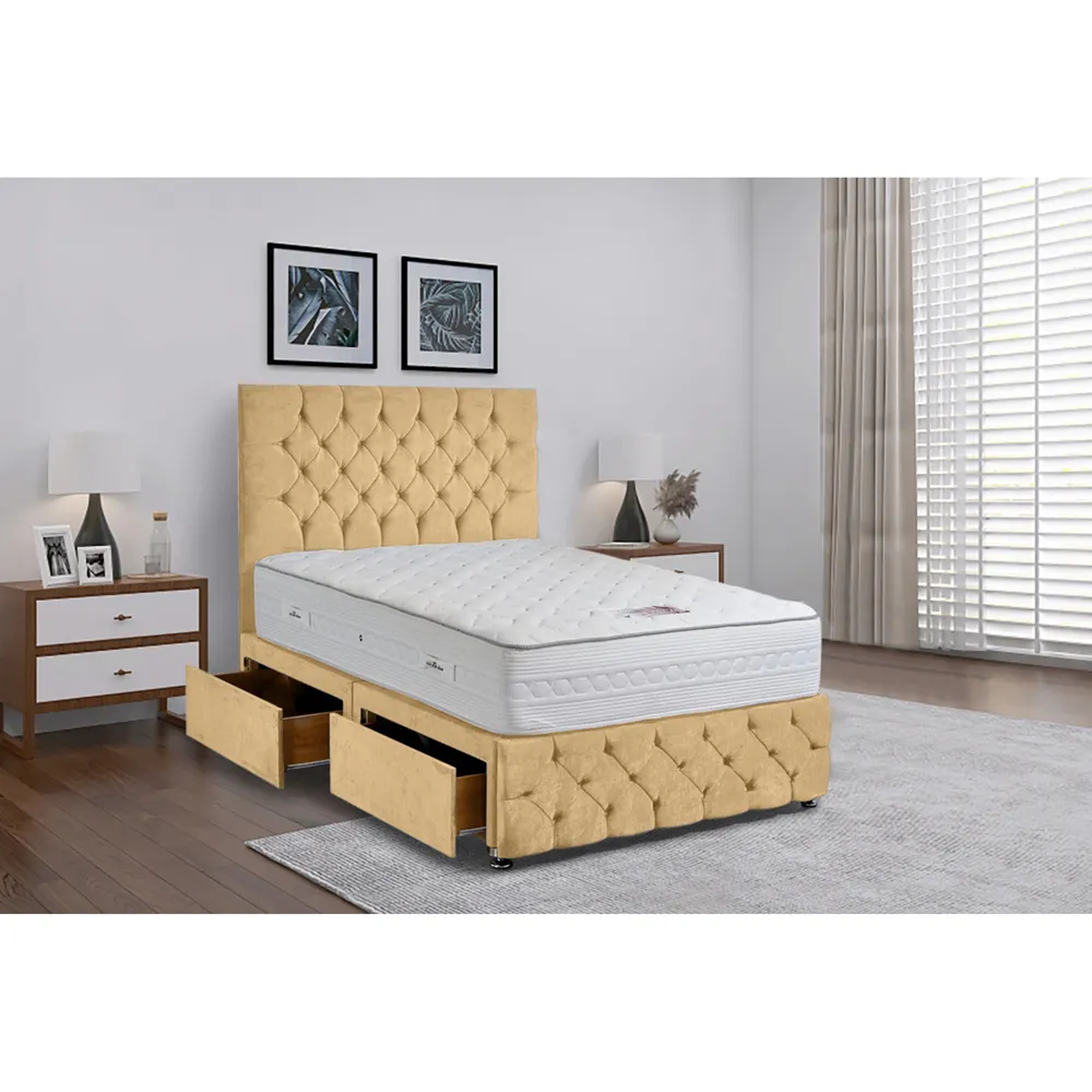 Comfyzone Single Divan Bed with Chesterfield Headboard - Cream, Velvet