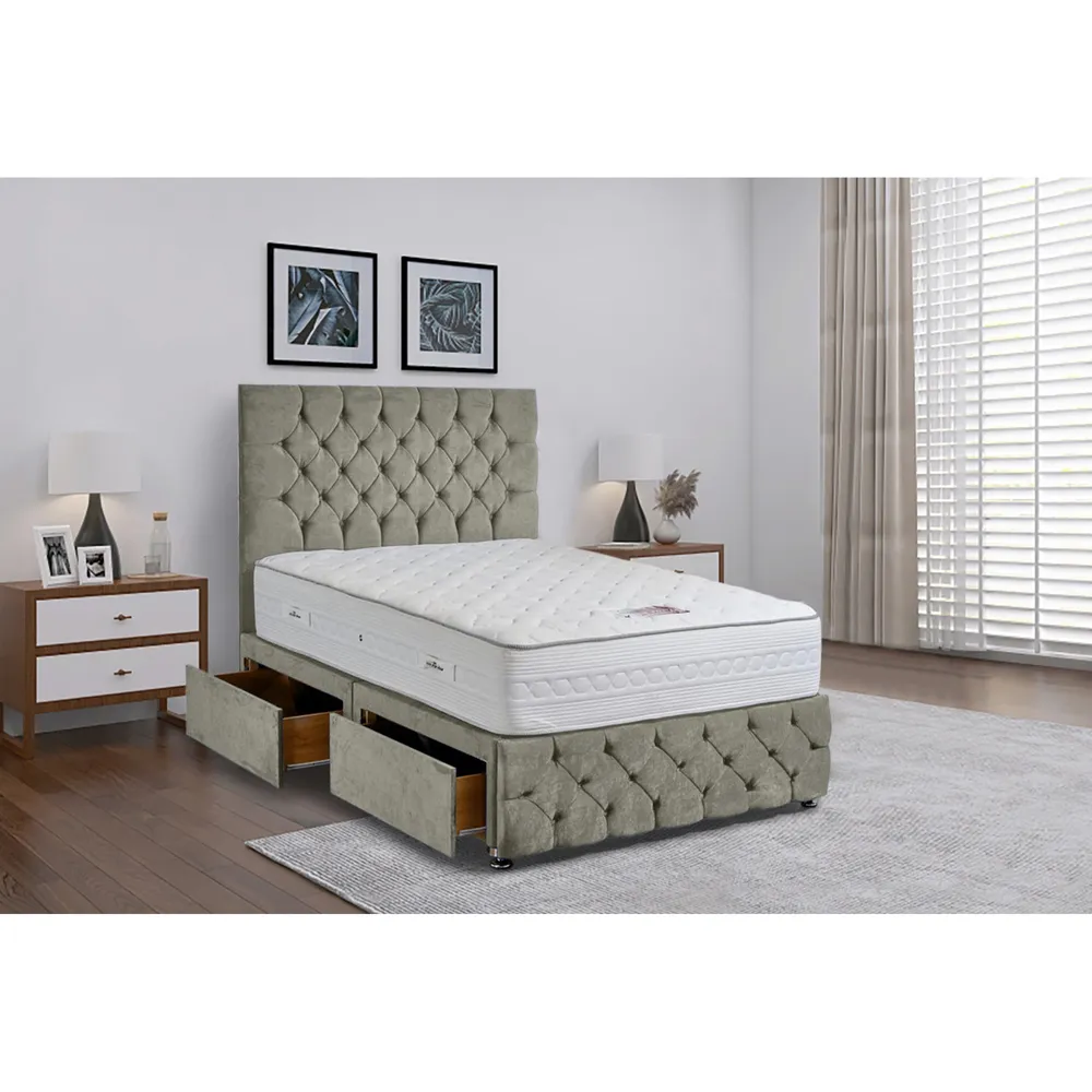 Comfyzone Single Divan Bed with Chesterfield Headboard - Grey, Velvet