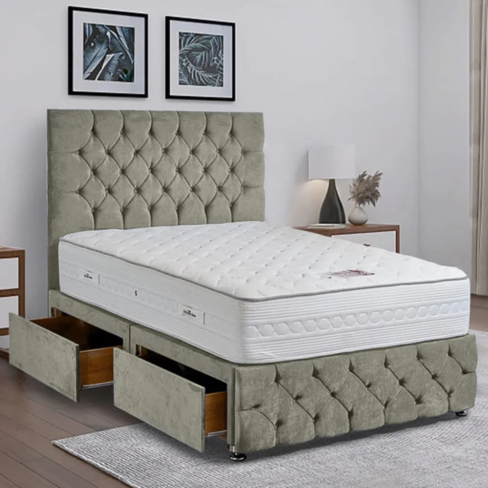 Comfyzone Single Divan Bed with Chesterfield Headboard - Grey, Velvet