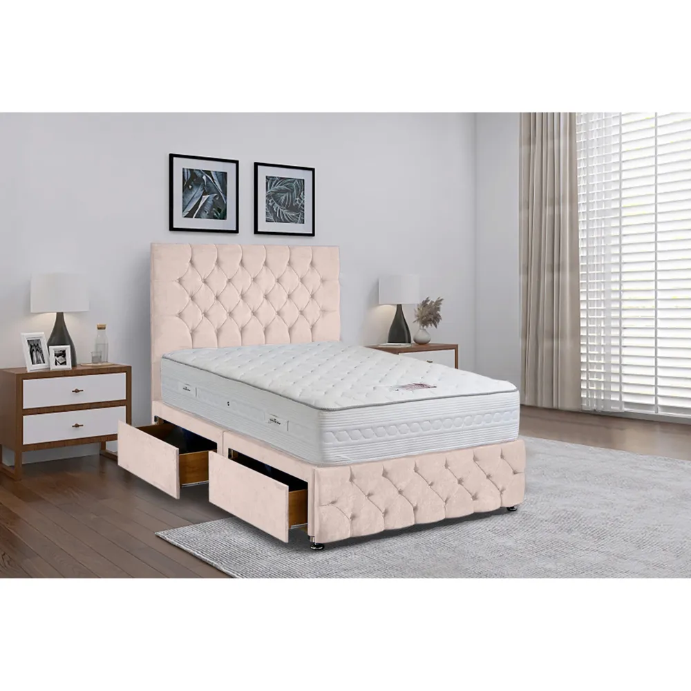 Comfyzone Single Divan Bed with Chesterfield Headboard - Pink, Velvet