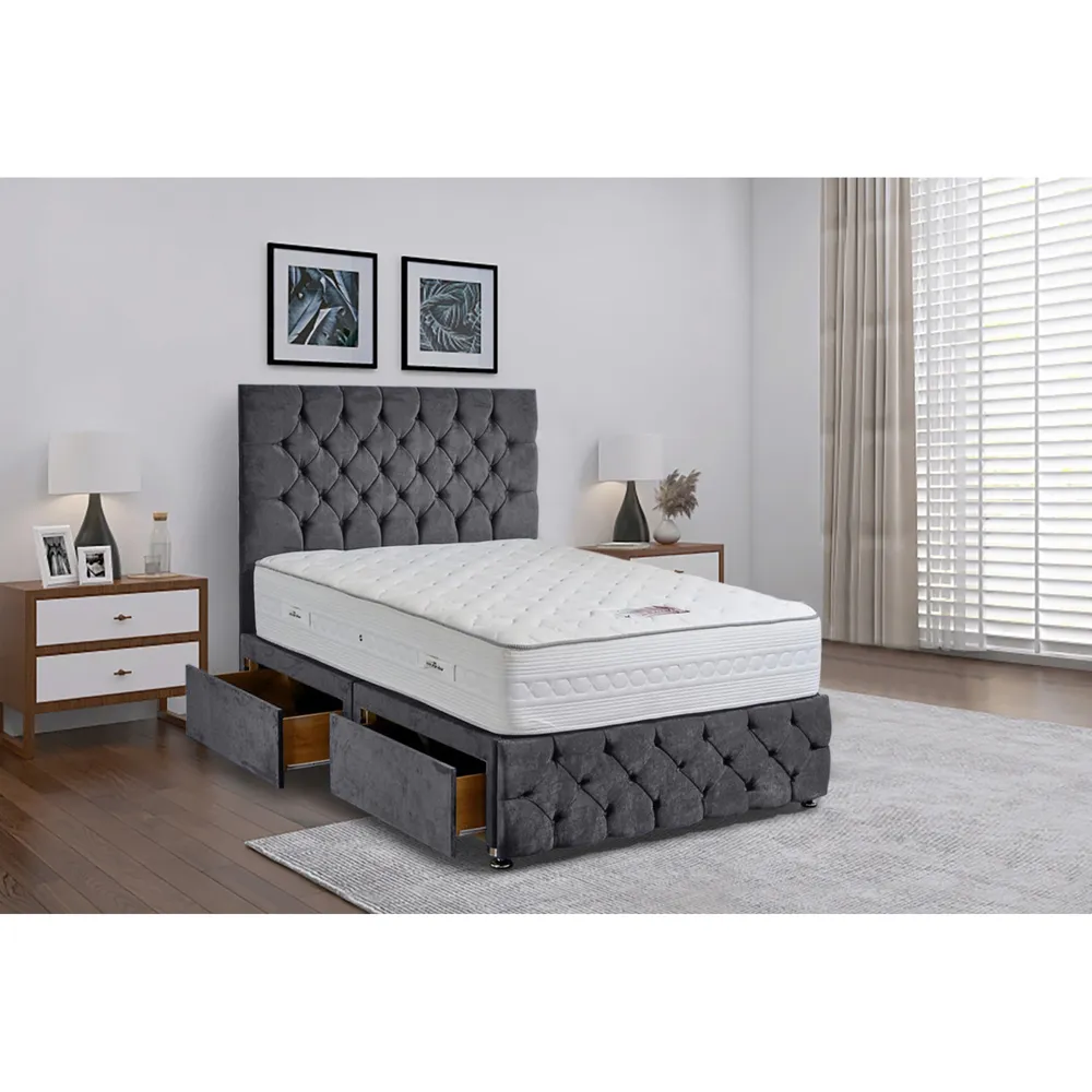 Comfyzone Single Divan Bed with Chesterfield Headboard - Silver, Velvet