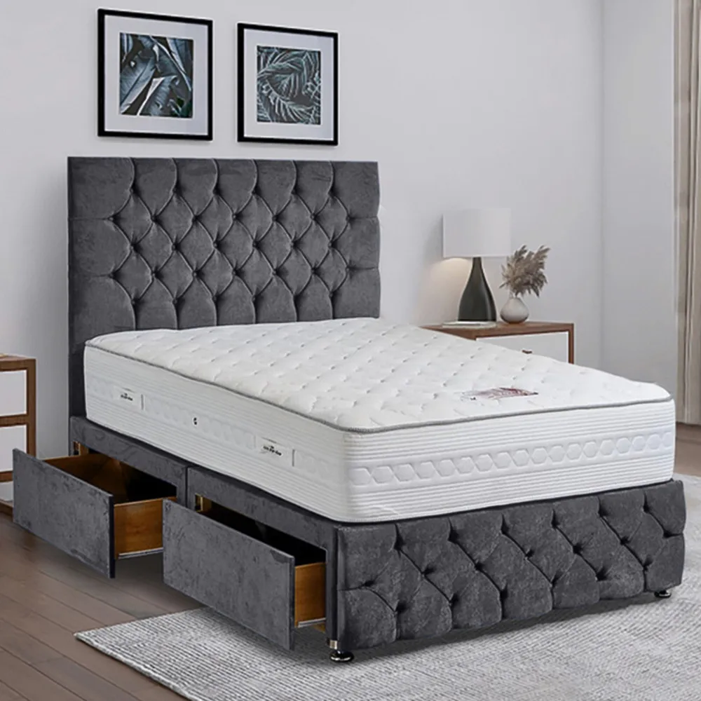 Comfyzone Single Divan Bed with Chesterfield Headboard - Silver, Velvet