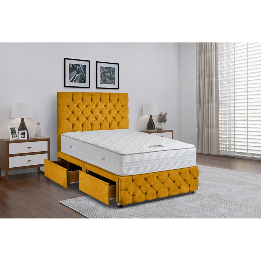 Comfyzone Single Divan Bed with Chesterfield Headboard - Yellow, Velvet