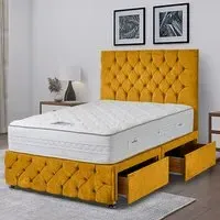 Comfyzone Single Divan Bed with Chesterfield Headboard - Yellow, Velvet