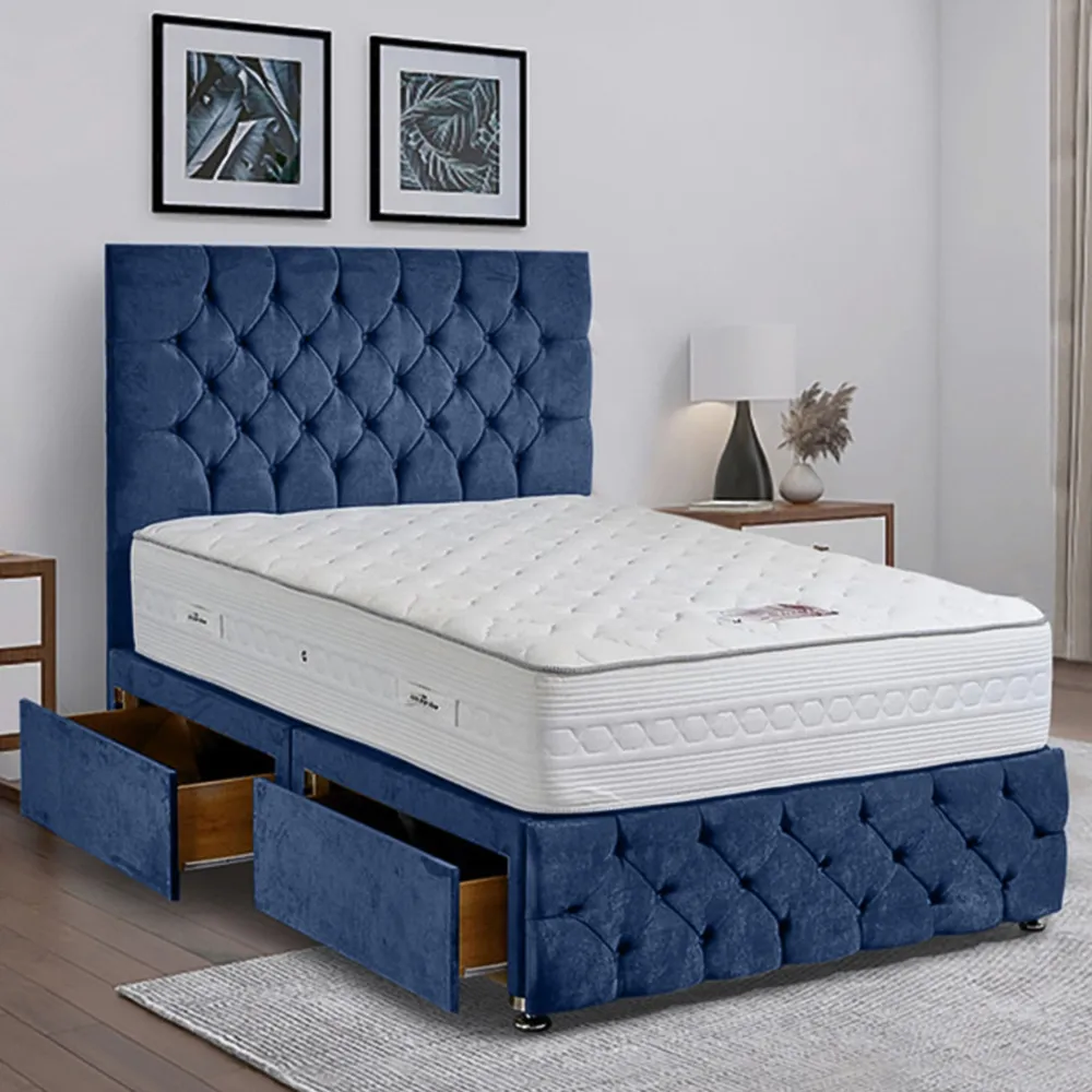 Comfyzone Small Double Divan Bed with Chesterfield Headboard - Blue, Velvet