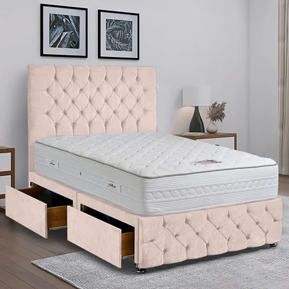 Comfyzone Small Double Divan Bed with Chesterfield Headboard - Pink