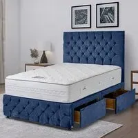 Comfyzone Super King Size Divan Bed with Chesterfield Headboard - Blue, Velvet