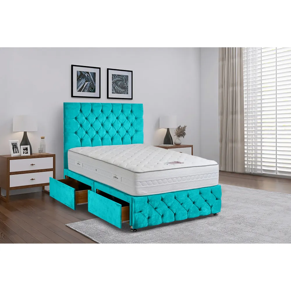 Comfyzone Super King Size Divan Bed with Chesterfield Headboard - Teal, Velvet