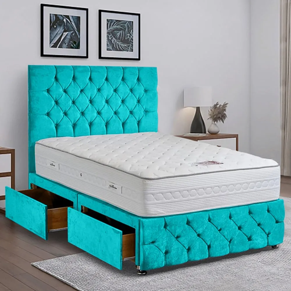 Comfyzone Super King Size Divan Bed with Chesterfield Headboard - Teal, Velvet