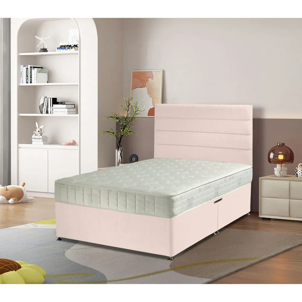 Dozer Double Divan Bed with Lined Headboard - Pink, Velvet