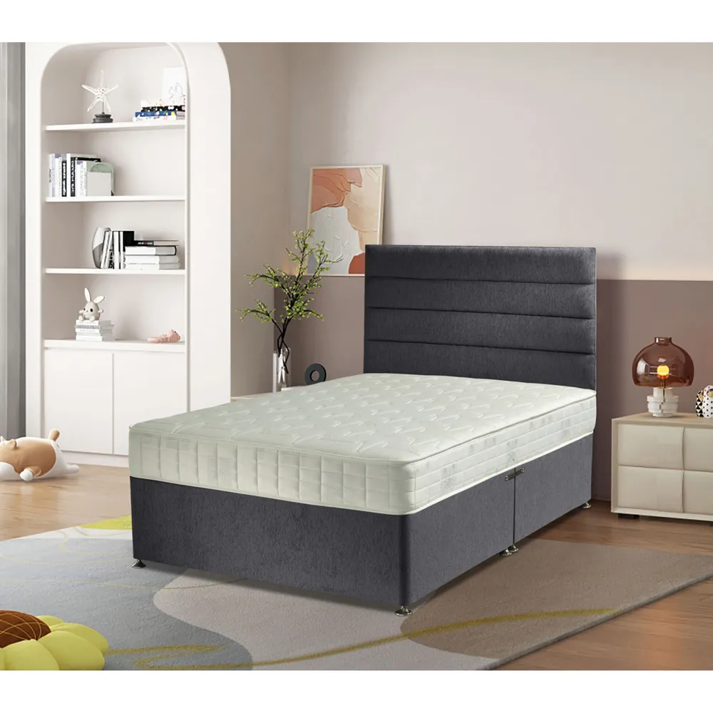 Dozer King Size Divan Bed with Lined Headboard - Silver, Velvet
