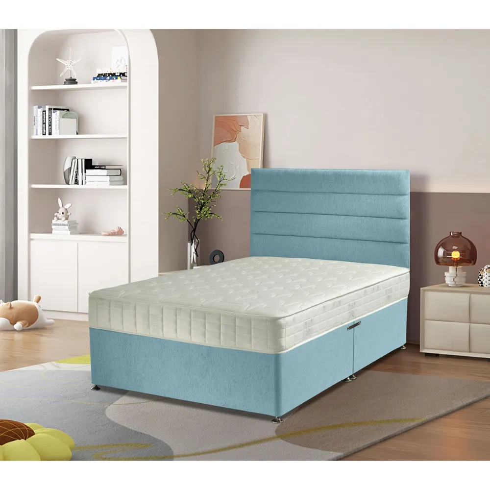 Dozer Small Double Divan Bed with Lined Headboard - Blue, Velvet