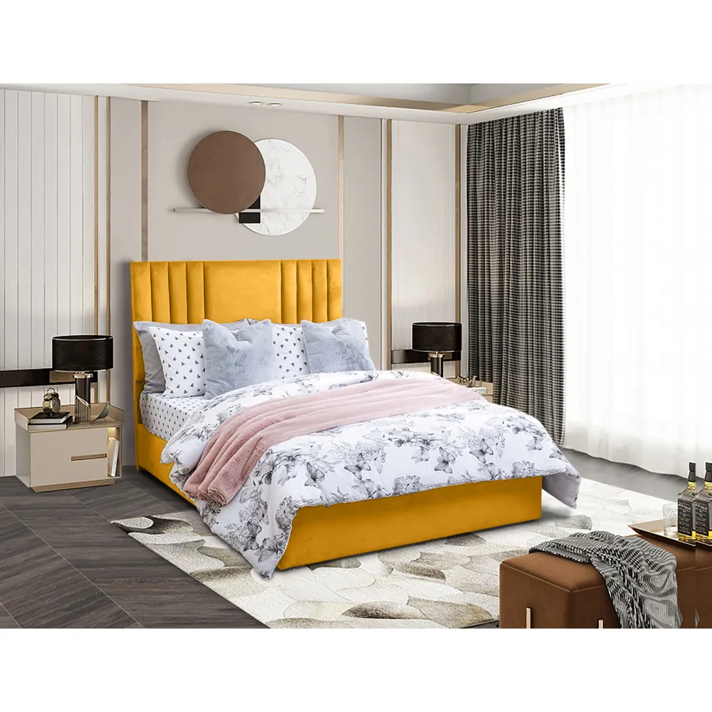 Dreamer Small Double Divan Bed with Lined Headboard - Mustard