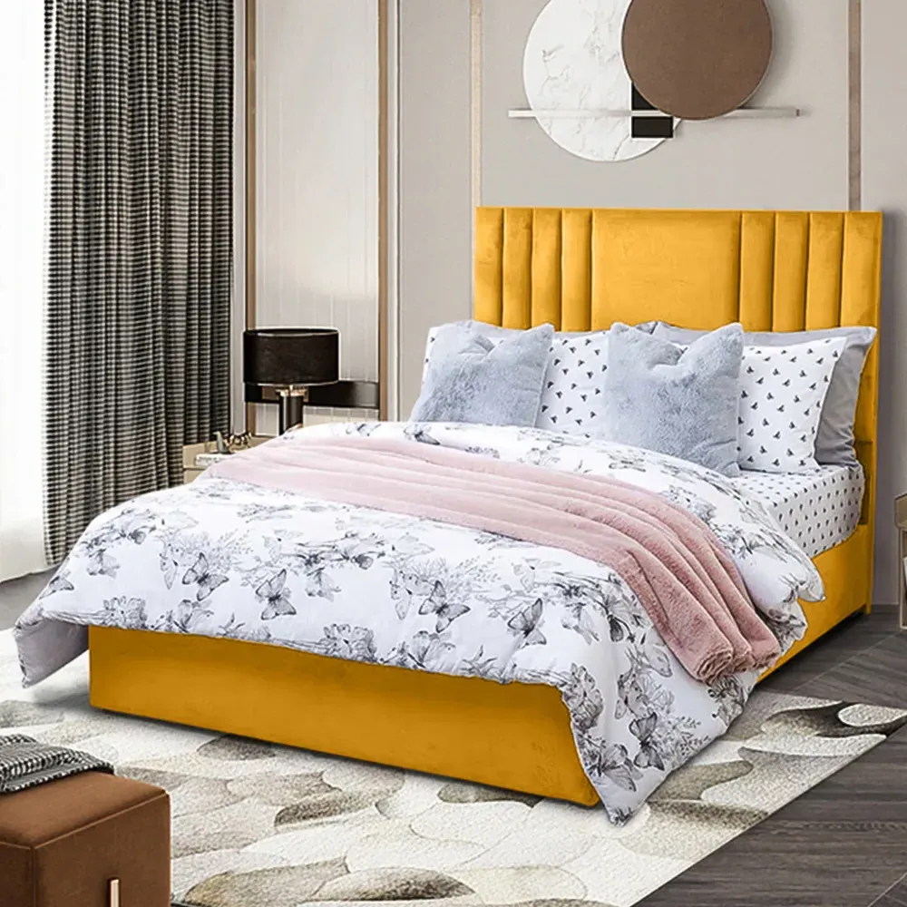 Dreamer Small Double Divan Bed with Lined Headboard - Mustard